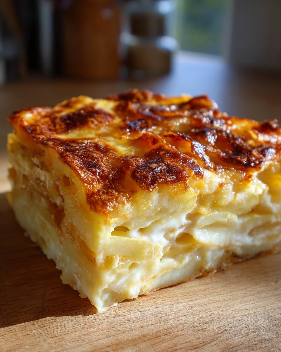 Ein saftiges St&uuml;ck Easy Creamy Cheesy Potato Gratin mit goldbraun gebackener K&auml;sekruste auf einem Holzbrett.