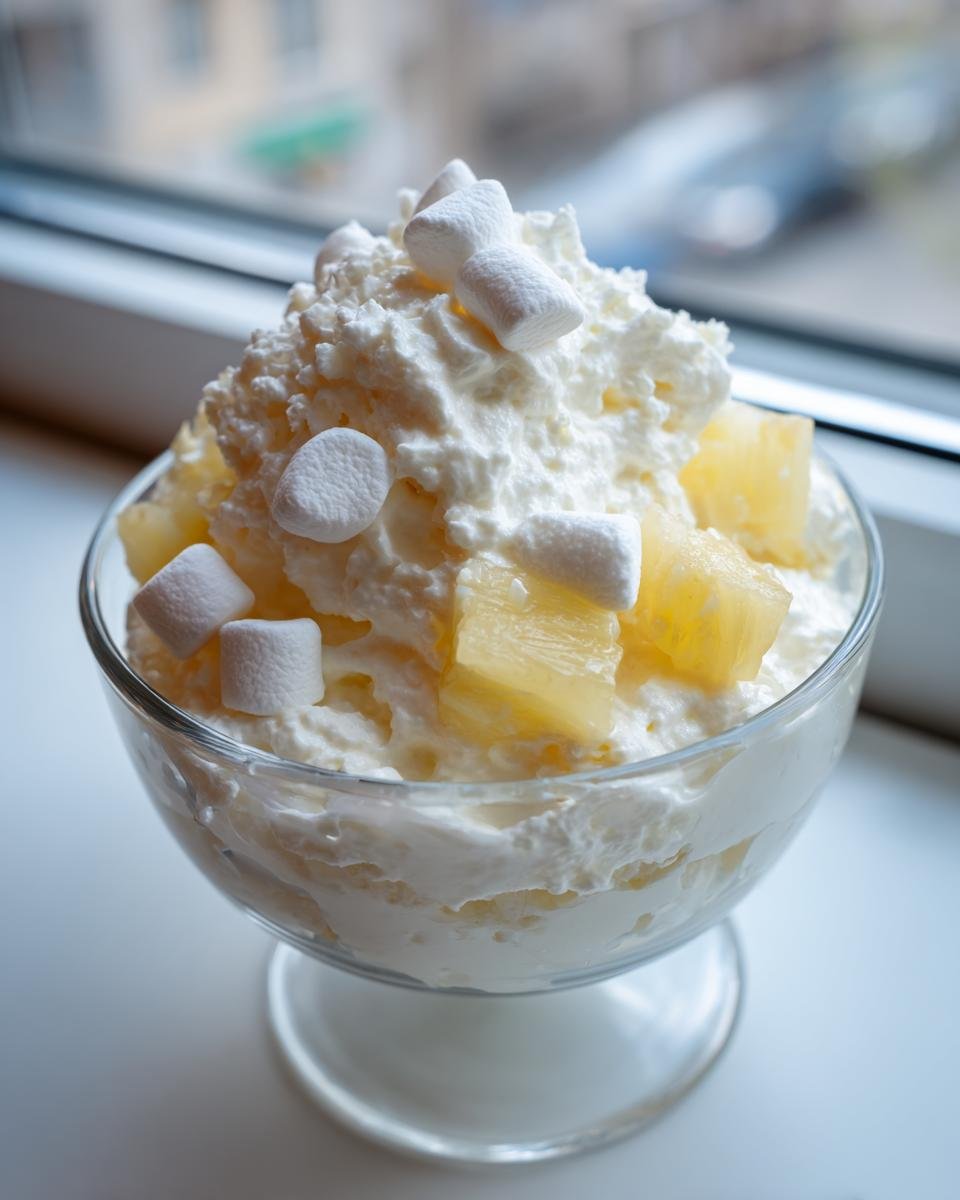 Ein Glas Easy Creamy Cool Whip Pineapple Fluff mit Ananasst&uuml;cken und Marshmallows.