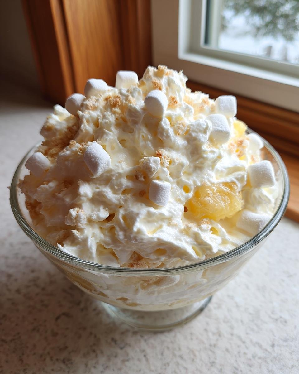 Nahaufnahme von Easy Creamy Cool Whip Pineapple Fluff mit Marshmallows und Keksbr&ouml;seln.