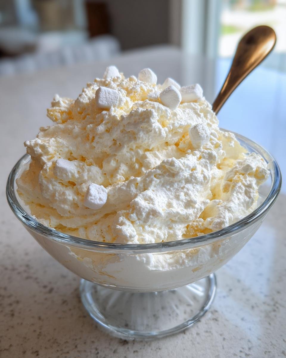 Nahaufnahme von Easy Creamy Cool Whip Pineapple Fluff mit Marshmallows in einer Glasschale.
