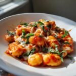 Nahaufnahme von Easy Gnocchi Alla Sorrentina mit geschmolzenem K&auml;se und frischem Basilikum.