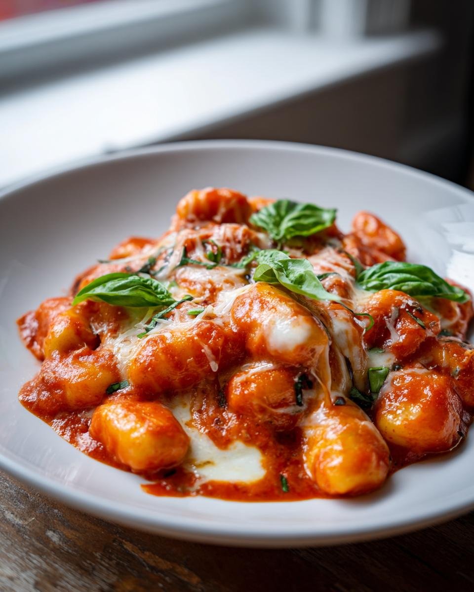 Nahaufnahme von Easy Gnocchi Alla Sorrentina mit geschmolzenem K&auml;se und frischem Basilikum.