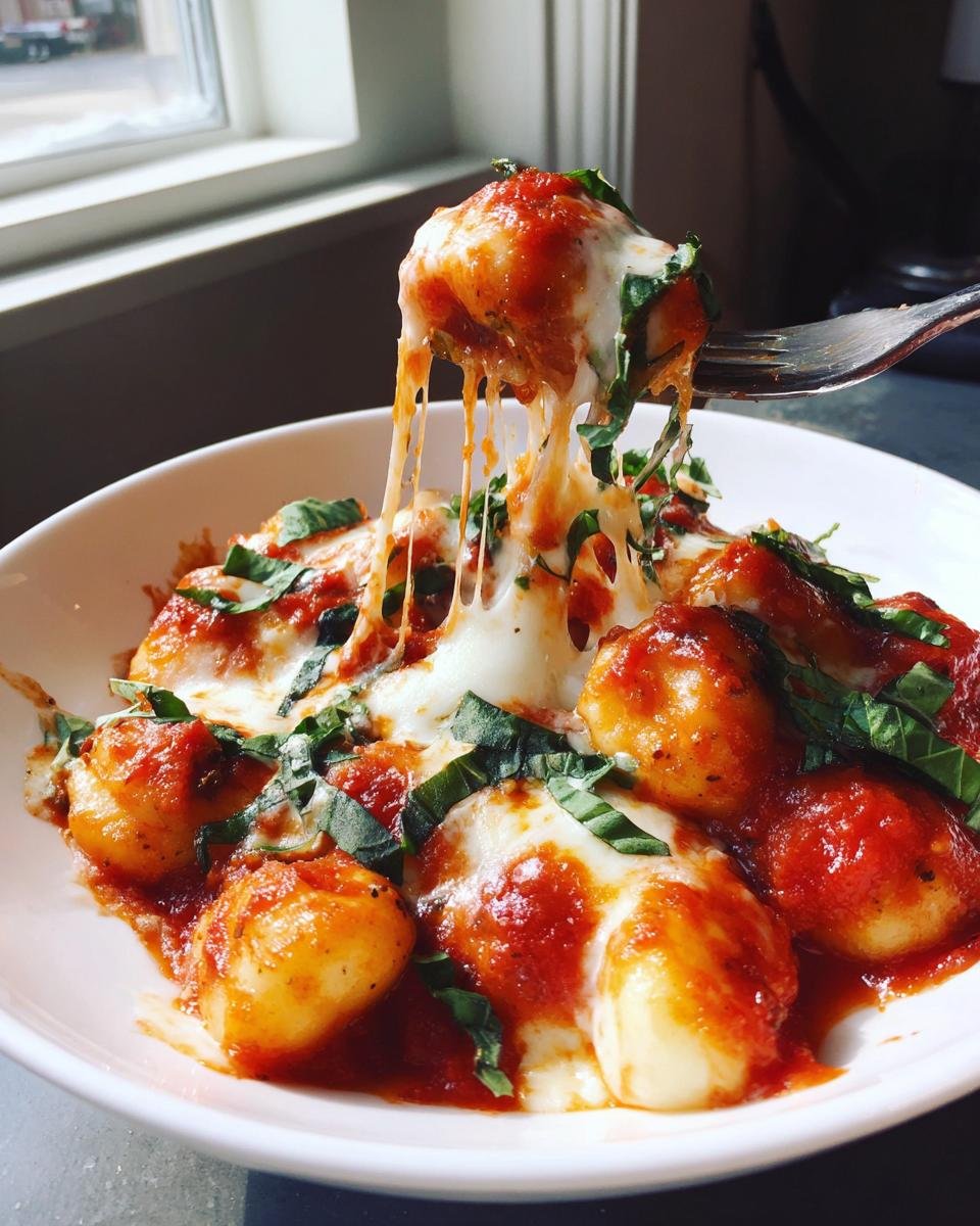 Nahaufnahme von Easy Gnocchi Alla Sorrentina mit geschmolzenem K&auml;se und Basilikum, wobei eine Gabel ein Gnocchi herauszieht.