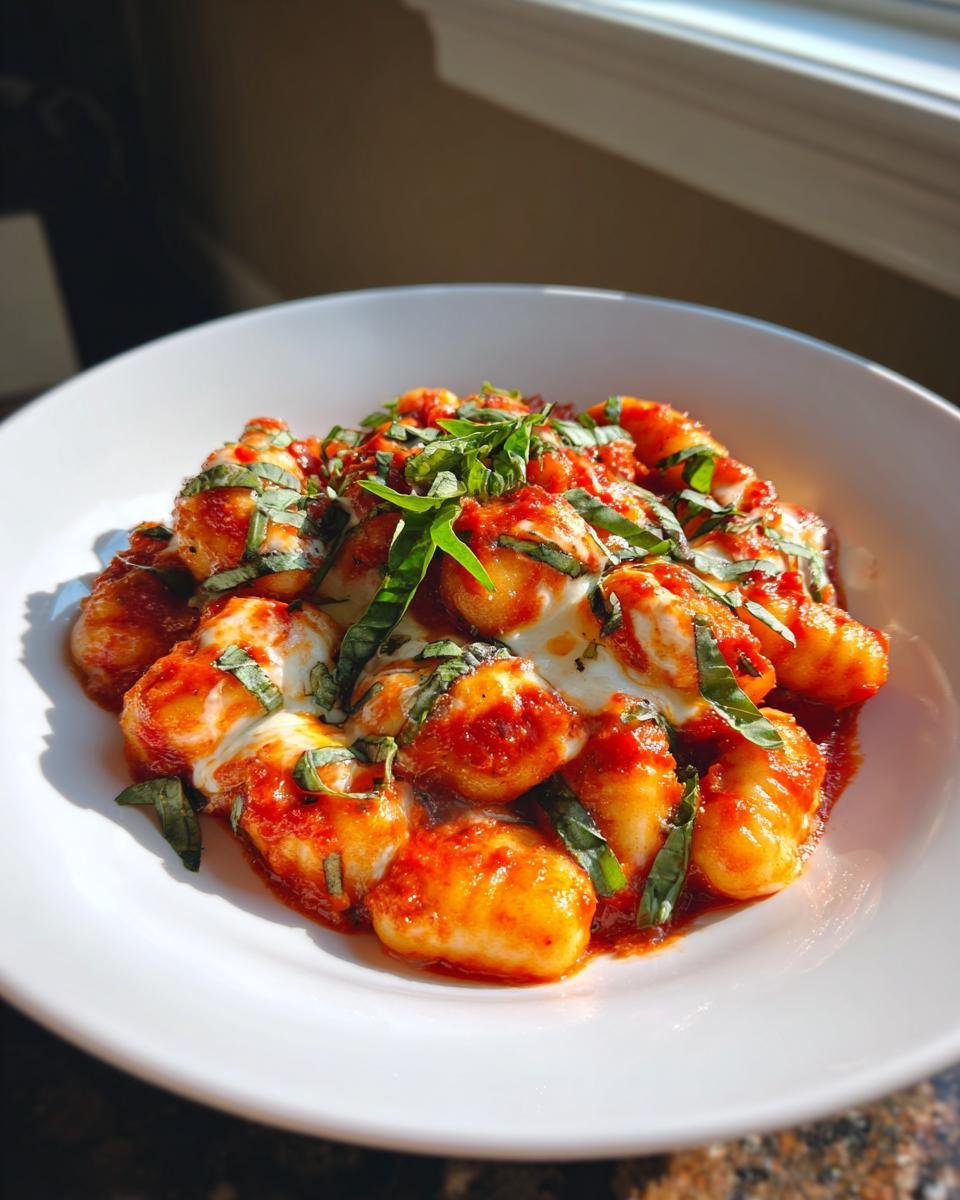 Nahaufnahme von Easy Gnocchi Alla Sorrentina mit geschmolzenem K&auml;se, Tomatensauce und frischem Basilikum.