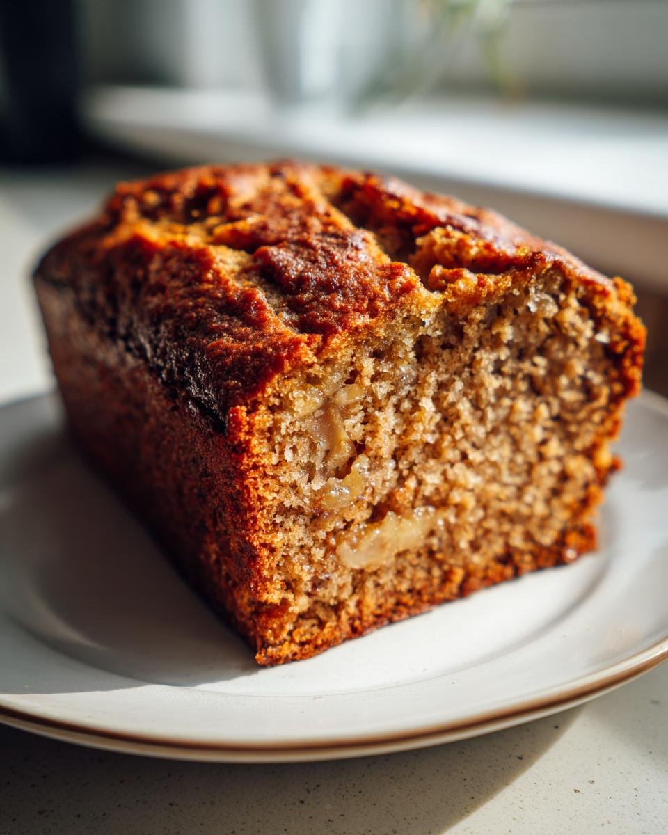 Angeschnittenes, saftiges Easy Healthy Protein Banana Bread auf einem Teller, mit dunkler Kruste.