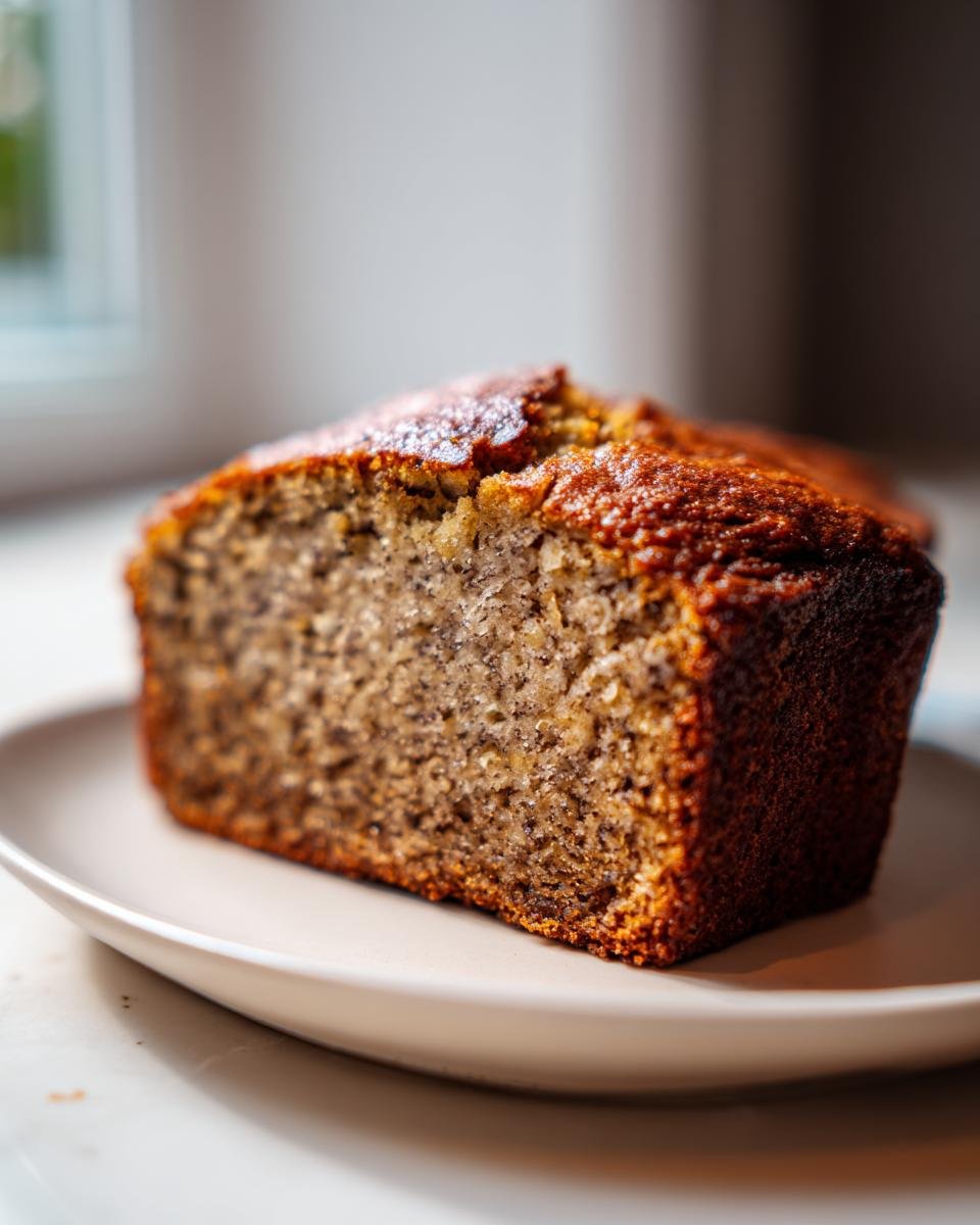 Nahaufnahme eines saftigen Anschnitts des Easy Healthy Protein Banana Bread auf einem hellen Teller.