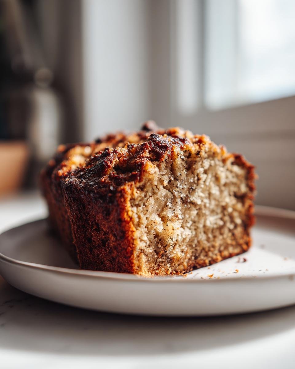 Nahaufnahme eines saftigen Anschnitts des Easy Healthy Protein Banana Bread auf einem Teller.