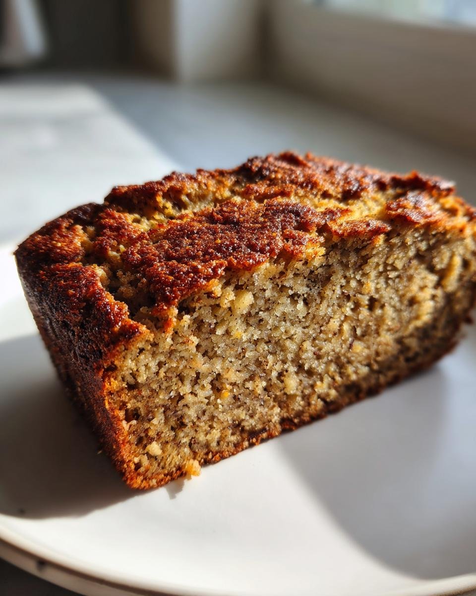 Nahaufnahme eines dicken St&uuml;cks Easy Healthy Protein Banana Bread mit goldbrauner Kruste auf einem wei&szlig;en Teller.