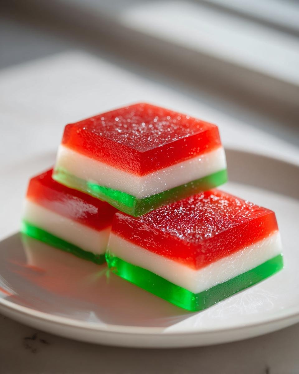 Drei gestapelte St&uuml;cke Easy Layered Christmas Jello mit roten, wei&szlig;en und gr&uuml;nen Schichten.