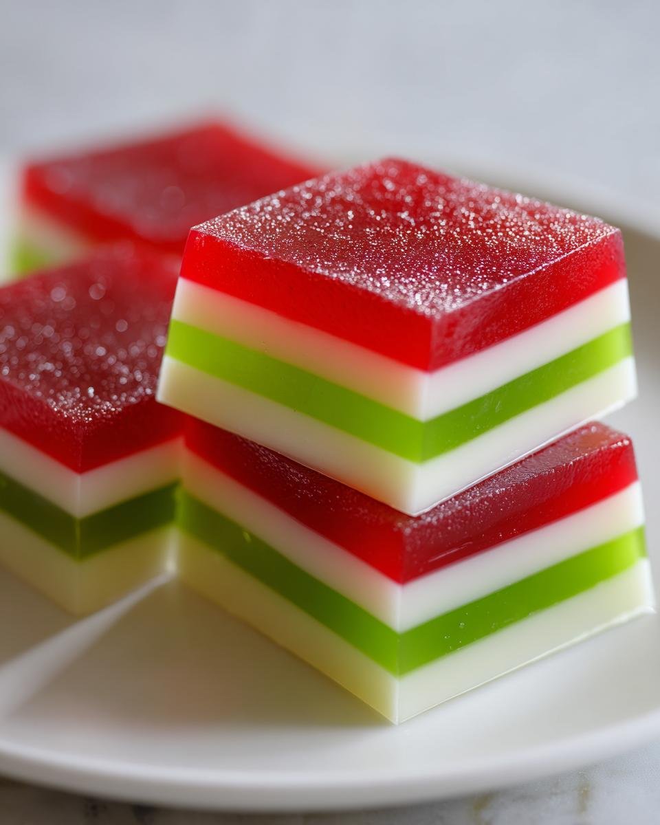 Nahaufnahme von gestapelten St&uuml;cken Easy Layered Christmas Jello mit roten, gr&uuml;nen und wei&szlig;en Schichten.