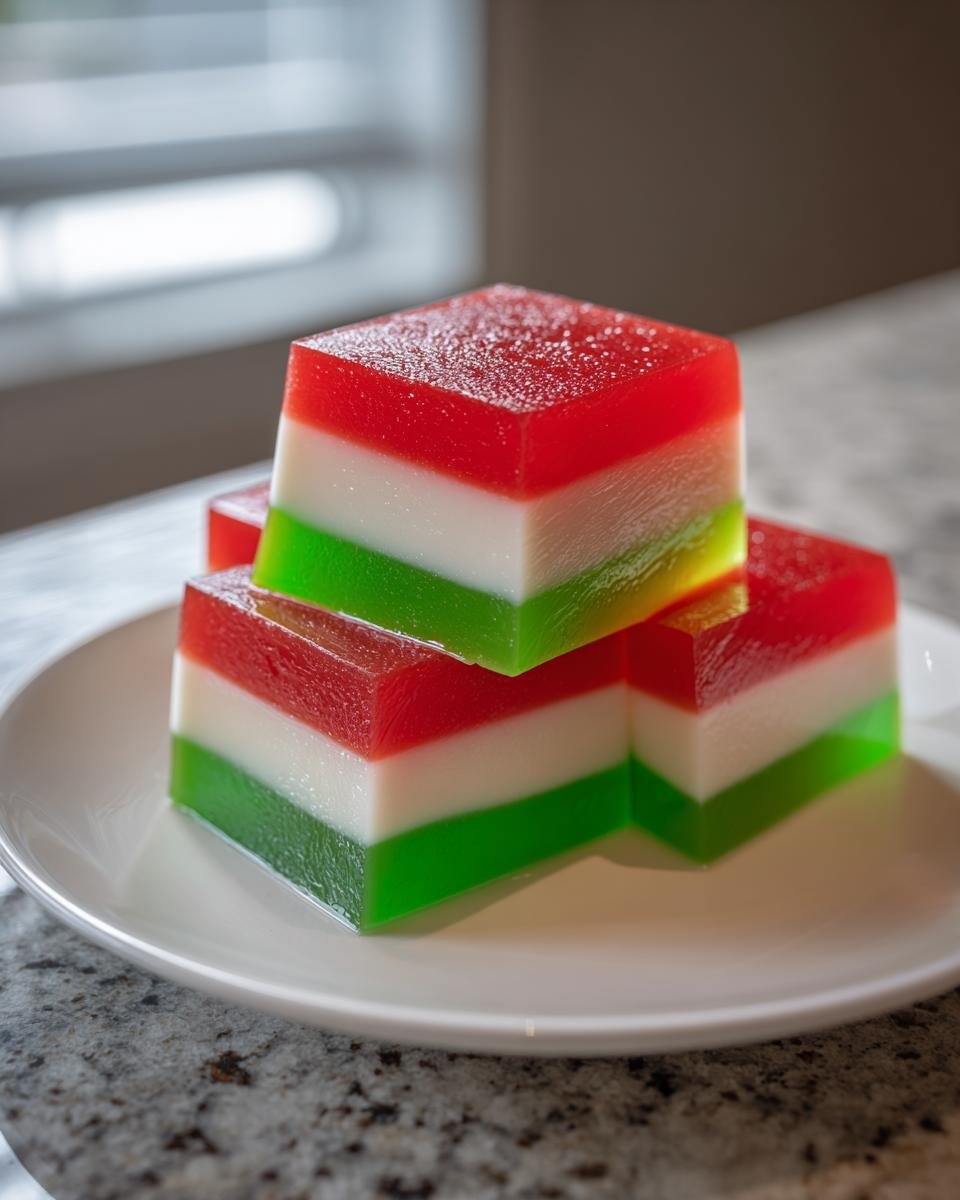 Drei gestapelte W&uuml;rfel von Easy Layered Christmas Jello mit roten, wei&szlig;en und gr&uuml;nen Schichten.