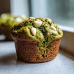Nahaufnahme eines gr&uuml;nen Matcha White Chocolate Pumpkin Muffins mit wei&szlig;en Schokoladenst&uuml;cken obenauf.