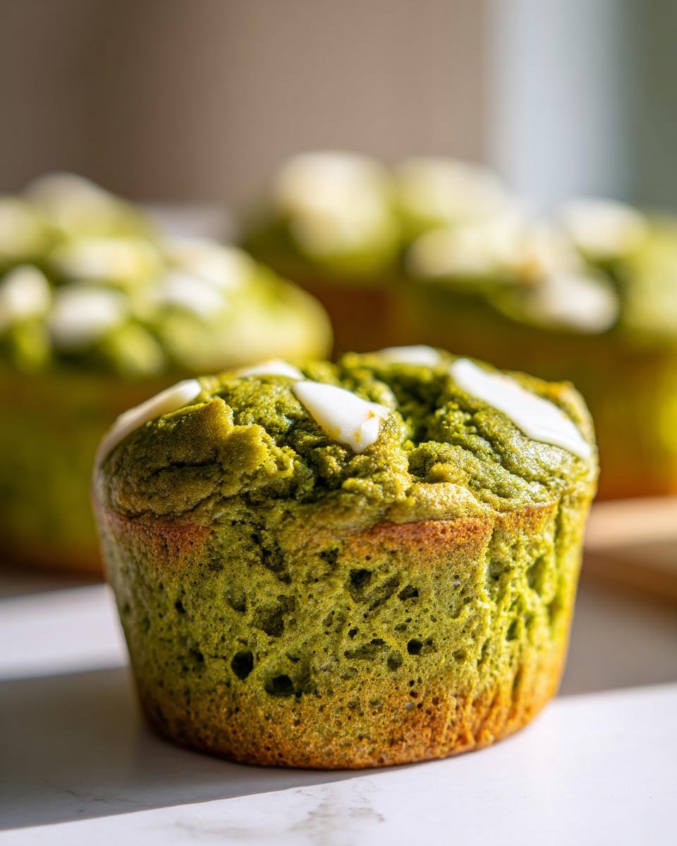 Nahaufnahme eines gr&uuml;nen Matcha White Chocolate Pumpkin Muffins mit wei&szlig;en Schokoladenst&uuml;cken.