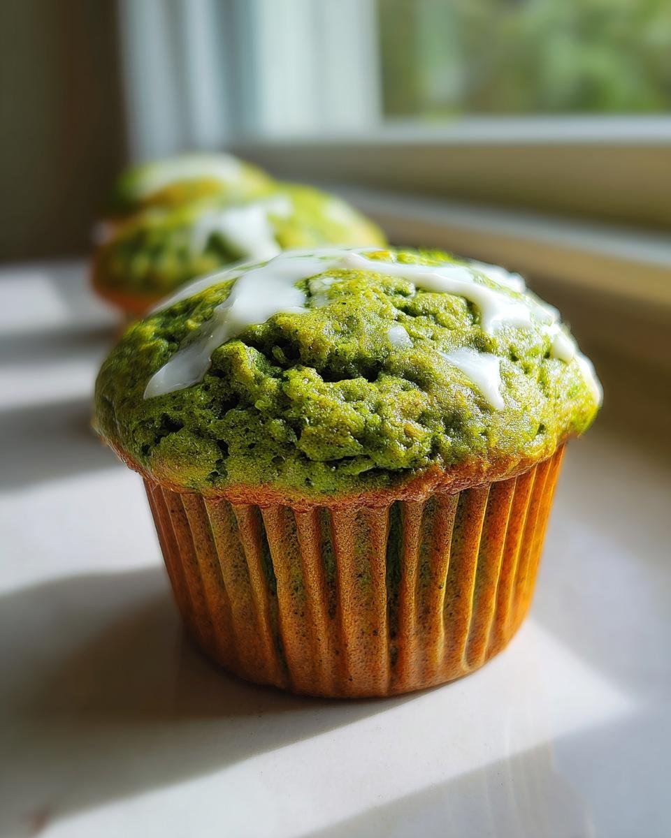 Nahaufnahme eines gr&uuml;nen Easy Matcha White Chocolate Pumpkin Muffins mit wei&szlig;em Zuckerguss.