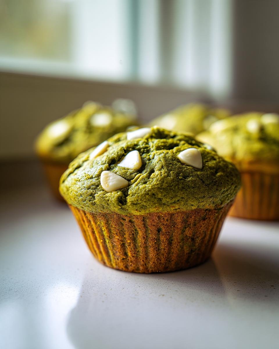 Nahaufnahme eines gr&uuml;nen Easy Matcha White Chocolate Pumpkin Muffins mit wei&szlig;en Schokoladenst&uuml;cken.