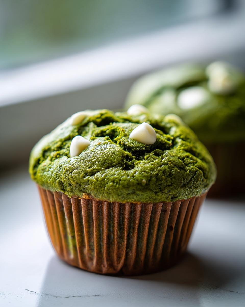 Nahaufnahme eines leuchtend gr&uuml;nen Easy Matcha White Chocolate Pumpkin Muffins mit wei&szlig;en Schokoladenst&uuml;ckchen.