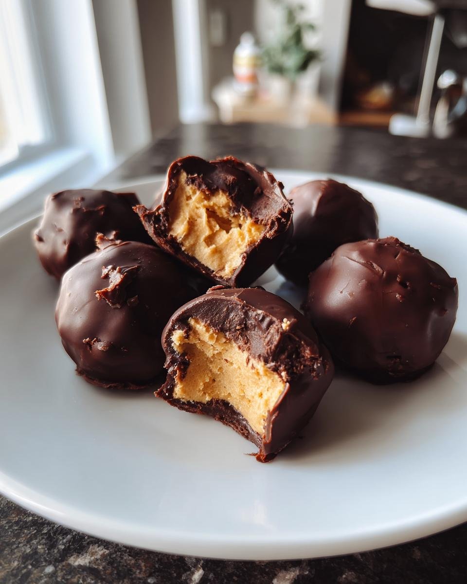 Nahaufnahme von Easy No Bake Peanut Butter Cheesecake Balls, einer aufgeschnitten, die cremige Erdnussbutterf&uuml;llung zeigt.