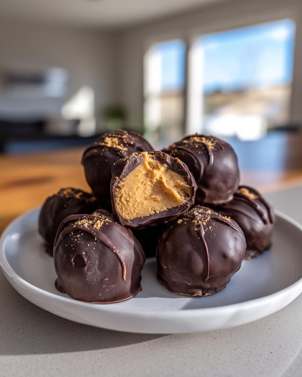 Ein Teller mit Easy No Bake Peanut Butter Cheesecake Balls, einer davon angeschnitten, um die cremige Erdnussbutterf&uuml;llung zu zeigen.