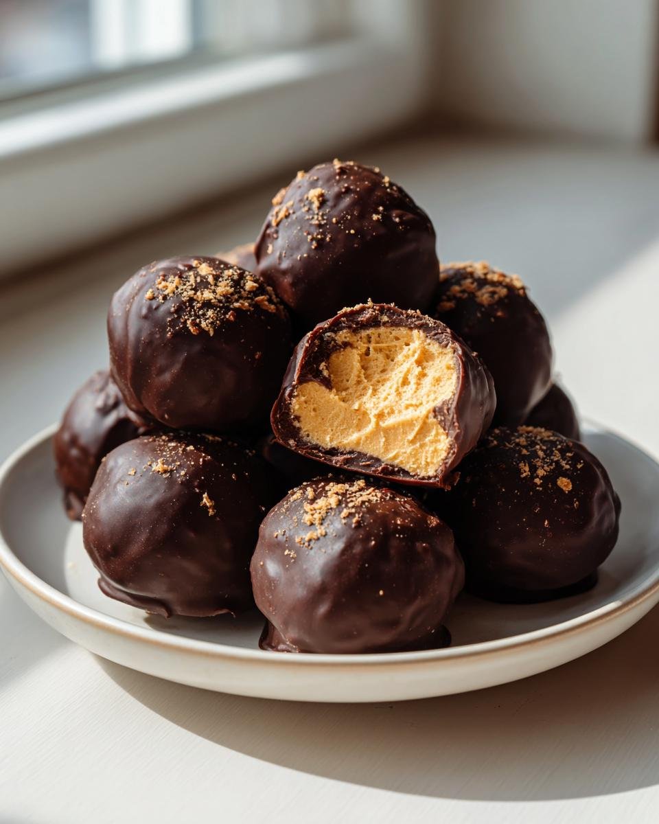 Stapel von Easy No Bake Peanut Butter Cheesecake Balls, &uuml;berzogen mit dunkler Schokolade und Streuseln.