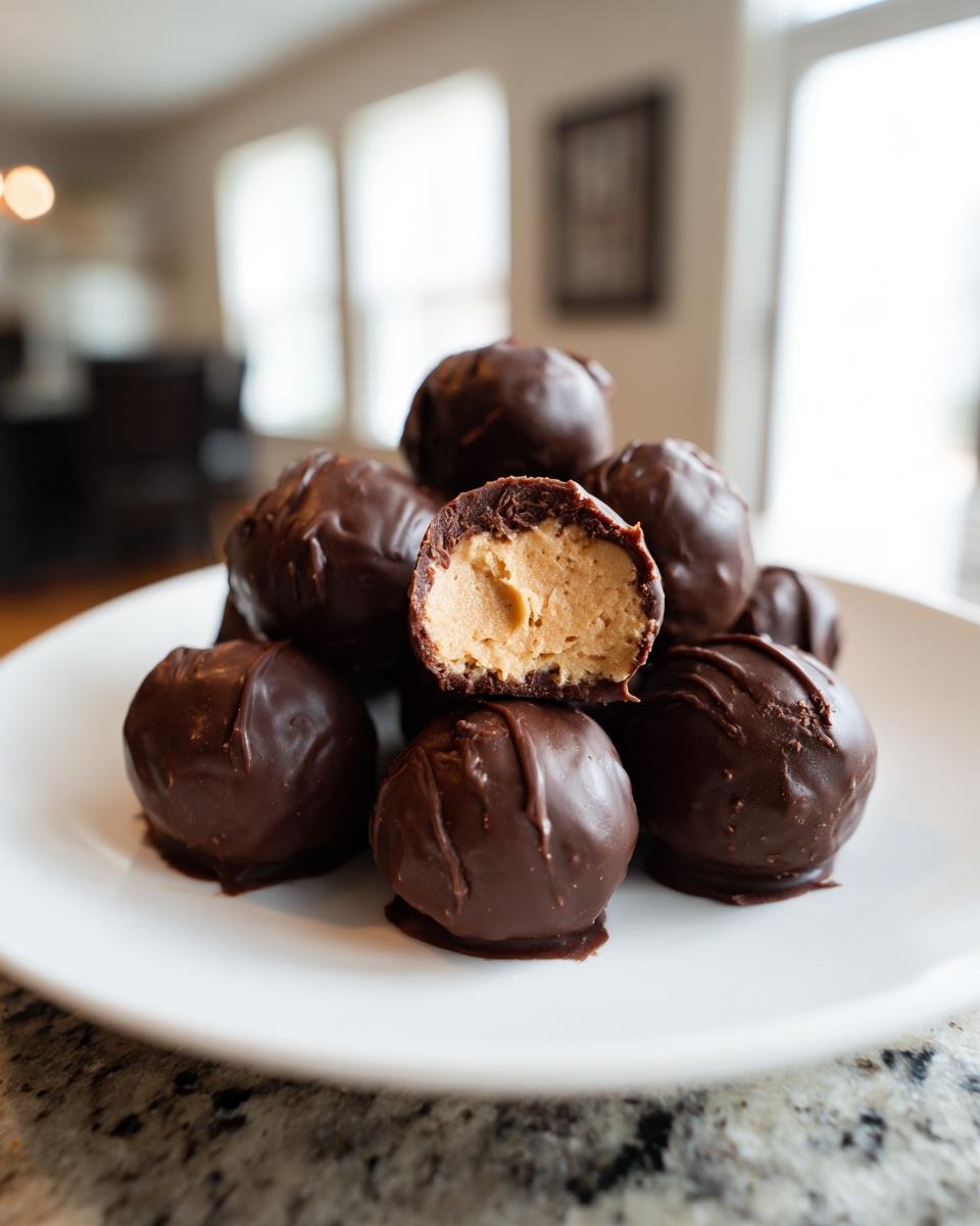 Stapel von Easy No Bake Peanut Butter Cheesecake Balls, einer davon aufgeschnitten, um die cremige Erdnussbutterf&uuml;llung zu zeigen.