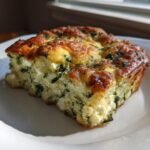 Ein goldbraun gebackenes St&uuml;ck Easy Spinach Feta Egg Bake auf einem wei&szlig;en Teller.