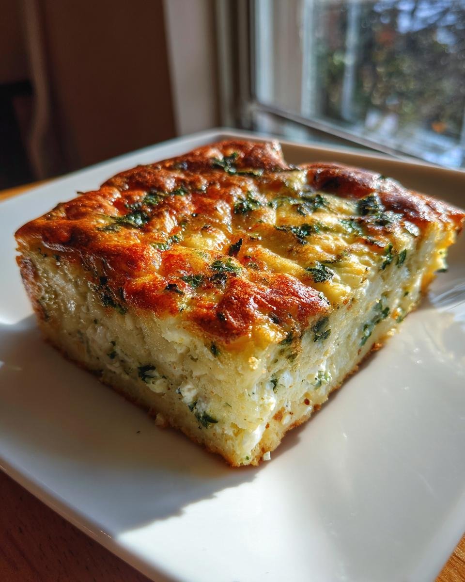 Ein St&uuml;ck des Easy Spinach Feta Egg Bake Rezepts mit goldbrauner Kruste und sichtbaren Feta-St&uuml;cken.