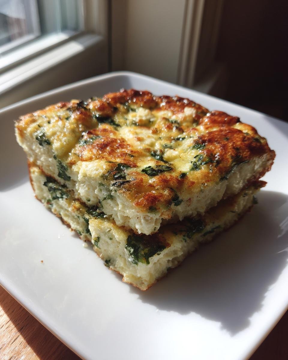 Zwei gestapelte St&uuml;cke des Easy Spinach Feta Egg Bake Rezepts mit goldbrauner Kruste.