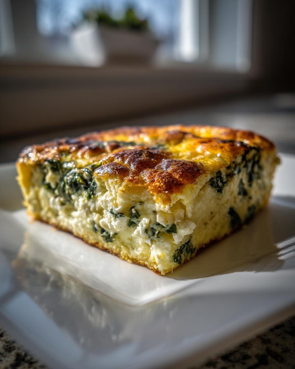 Nahaufnahme eines St&uuml;cks Easy Spinach Feta Egg Bake Rezept mit viel Feta und Spinat.