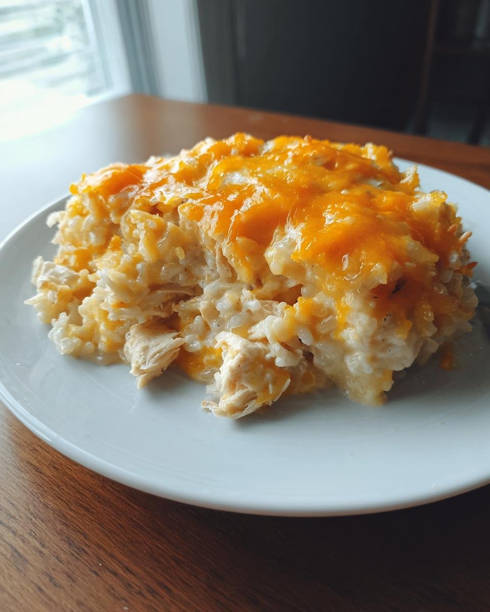 Ein Teller mit cremigem H&auml;hnchen-Reis-Auflauf, bedeckt mit geschmolzenem Cheddar-K&auml;se.