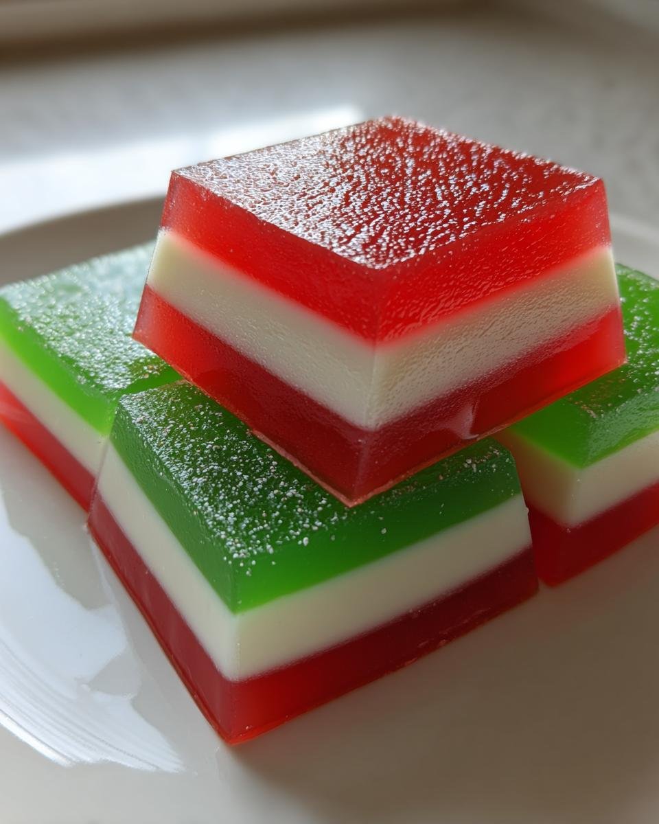 Nahaufnahme von quadratischen St&uuml;cken Easy Layered Christmas Jello in Rot, Wei&szlig; und Gr&uuml;n, leicht mit Puderzucker best&auml;ubt.