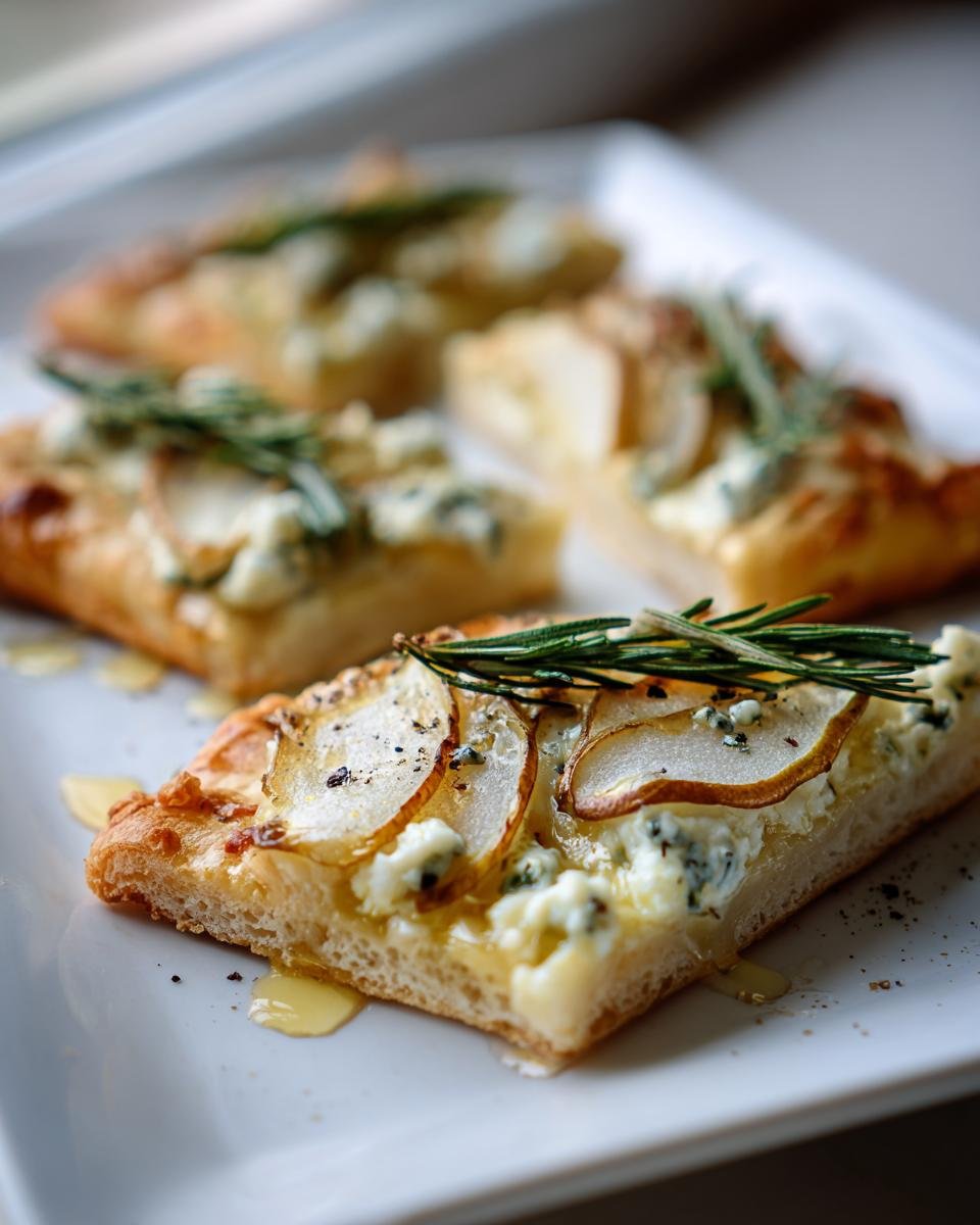 Nahaufnahme eines St&uuml;cks Elegant Pear Gorgonzola Flatbread mit Birnenscheiben, Gorgonzola und Rosmarin.