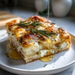 Ein St&uuml;ck Elegant Pear Gorgonzola Flatbread wird mit Honig betr&auml;ufelt, garniert mit Rosmarin.
