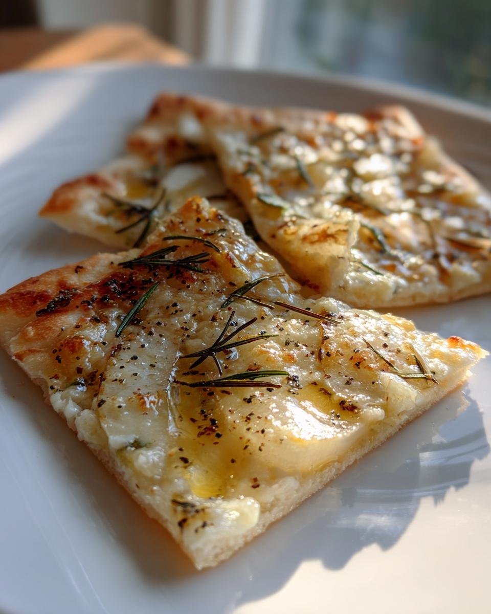 Drei St&uuml;cke Elegant Pear Gorgonzola Flatbread mit Rosmarin und Oliven&ouml;l auf einem wei&szlig;en Teller.