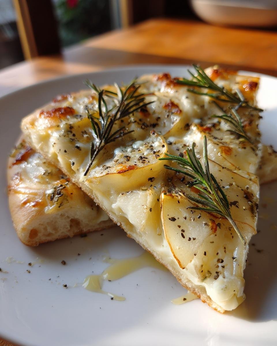 Zwei St&uuml;cke Elegantes Pear Gorgonzola Flatbread mit geschmolzenem K&auml;se und Rosmarin auf einem wei&szlig;en Teller.