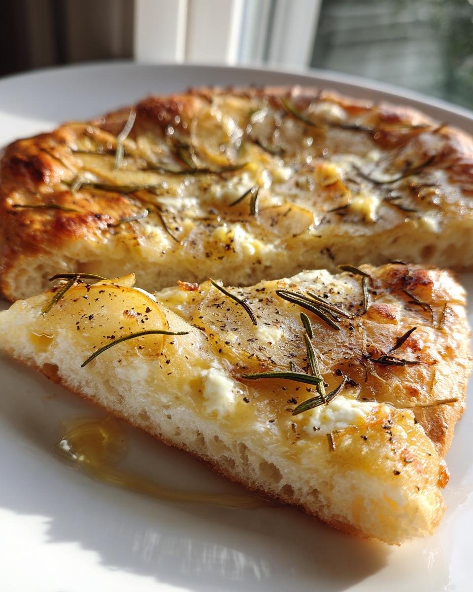 Nahaufnahme eines St&uuml;cks Elegantes Pear Gorgonzola Flatbread mit Birnenscheiben, Gorgonzola und Rosmarin.