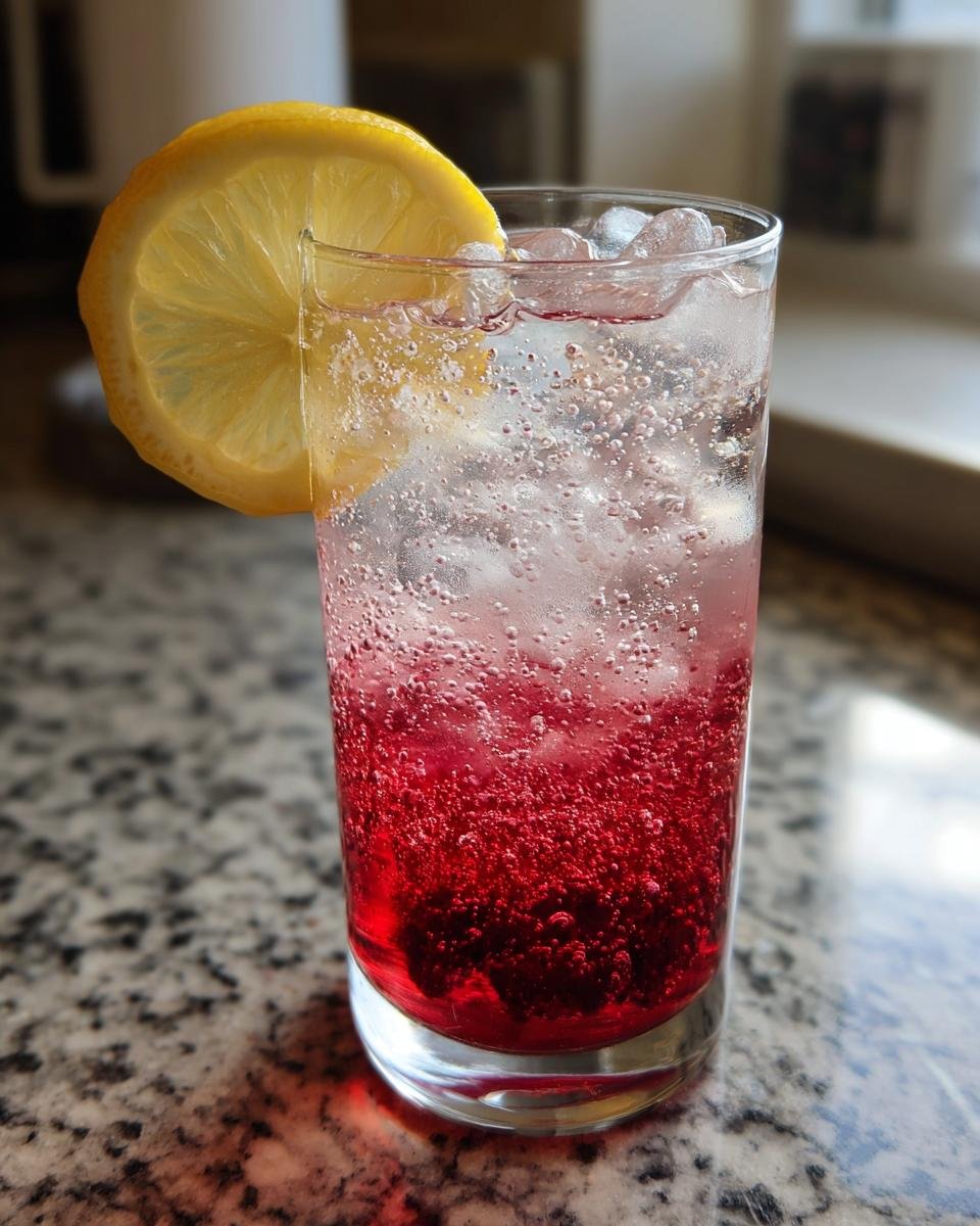 Nahaufnahme einer Erfrischende Italienische Soda mit viel Kohlens&auml;ure, Eisw&uuml;rfeln und einer Zitronenscheibe.