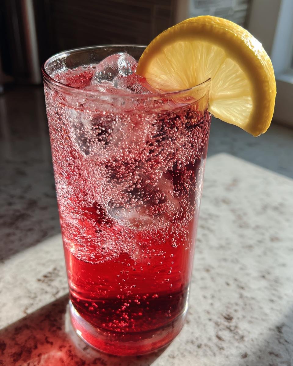 Nahaufnahme einer kohlens&auml;urehaltigen, roten Erfrischende Italienische Soda mit Eisw&uuml;rfeln und einer Zitronenscheibe.