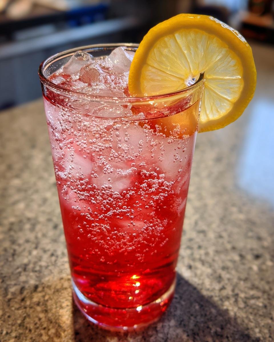 Nahaufnahme eines kohlens&auml;urehaltigen, roten Erfrischende Italienische Soda mit Eisw&uuml;rfeln und einer Zitronenscheibe.