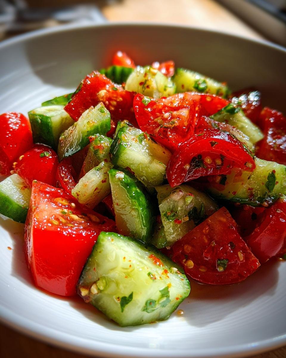 Nahaufnahme eines Sch&uuml;ssel mit Gurken Tomaten Salat Rezept, bestehend aus gew&uuml;rfelten Tomaten und Gurken in einer w&uuml;rzigen Marinade.