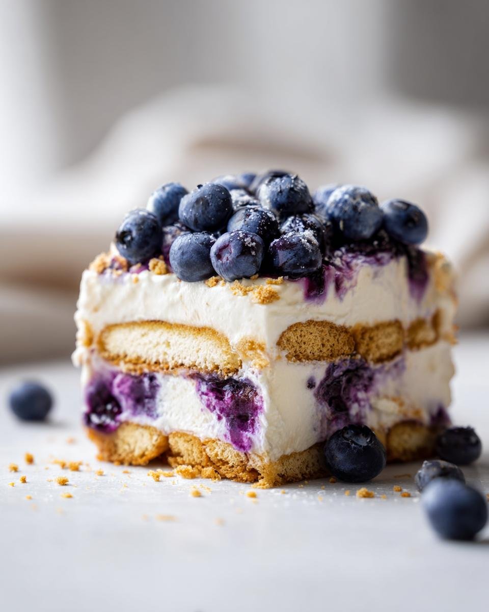 Ein St&uuml;ck Refreshing Lemon Blueberry Icebox Cake mit Schichten aus Creme, Keksen und Blaubeeren.