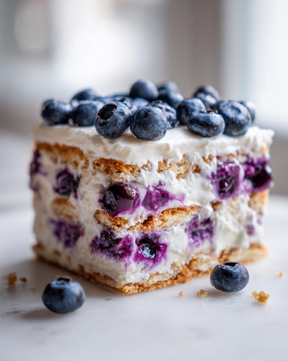 Nahaufnahme eines St&uuml;cks Refreshing Lemon Blueberry Icebox Cake mit Schichten aus Creme, Keksen und viel frischen Blaubeeren.
