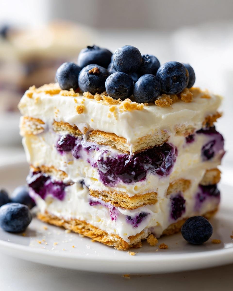 Nahaufnahme eines St&uuml;cks erfrischender Lemon Blueberry Icebox Cake mit Schichten aus Creme, Keksen und Blaubeeren.