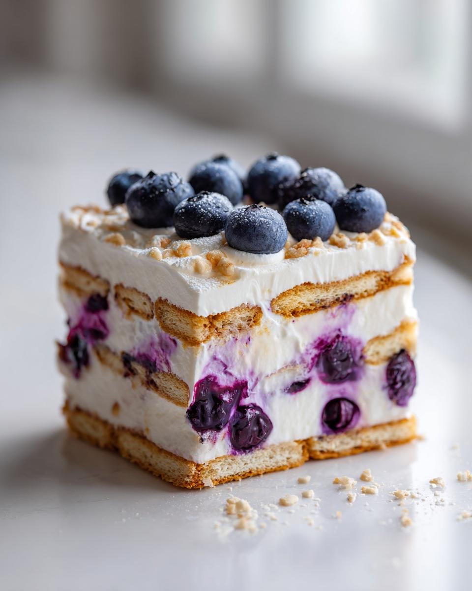 Ein St&uuml;ck des Erfrischender Lemon Blueberry Icebox Cake mit Schichten aus Creme, Keksen und Blaubeeren.