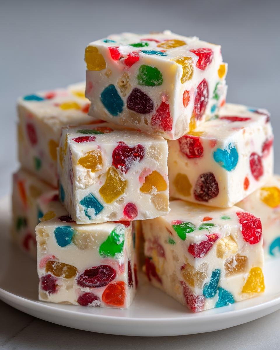 Gestapelte W&uuml;rfel von Festive Easy Christmas Gumdrop Nougat Candy mit bunten Fruchtst&uuml;ckchen.