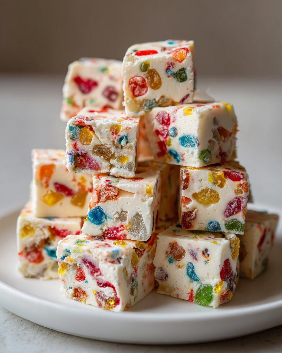 Gestapelte W&uuml;rfel von Festive Easy Christmas Gumdrop Nougat Candy mit bunten Fr&uuml;chten.