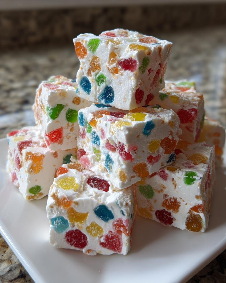 Stapel von wei&szlig;en Nougat-W&uuml;rfeln mit bunten Gumdrop-St&uuml;cken, das perfekte Festive Easy Christmas Gumdrop Nougat Candy.