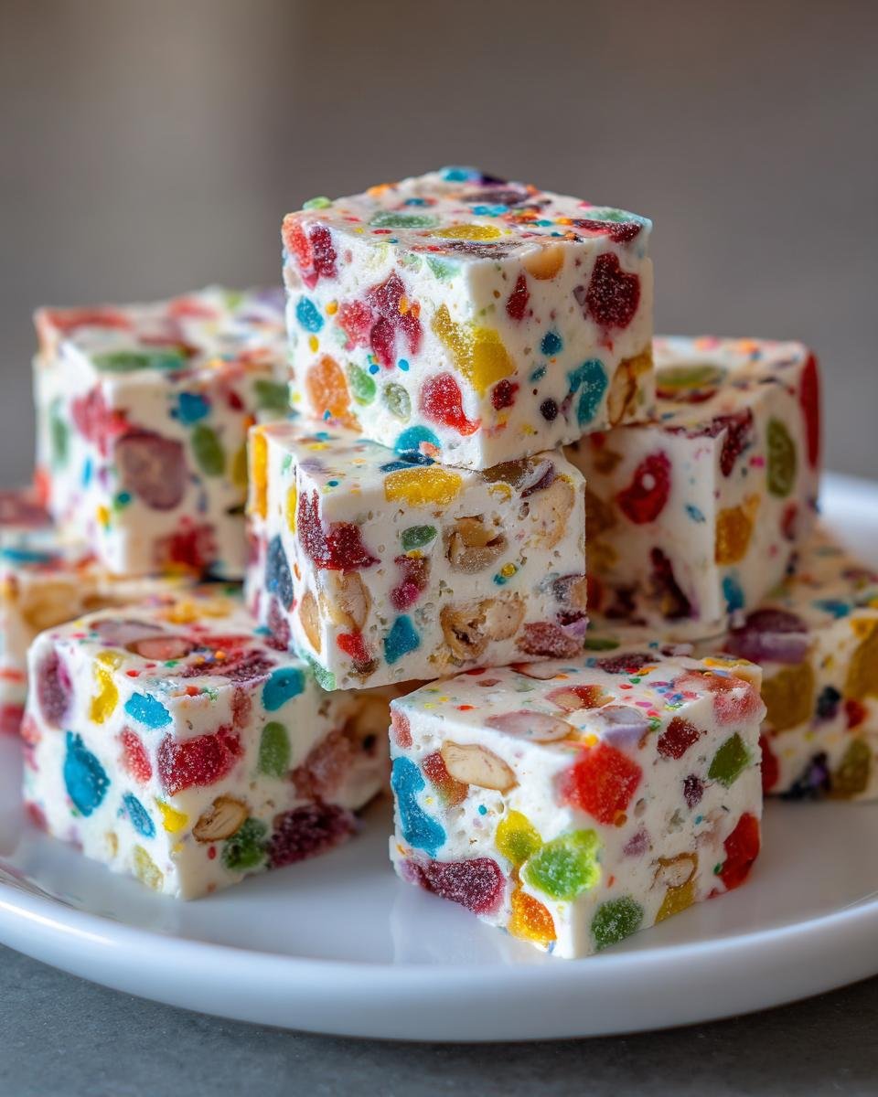 Stapel bunter W&uuml;rfel von Festive Easy Christmas Gumdrop Nougat Candy auf einem wei&szlig;en Teller.