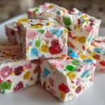 Mehrere W&uuml;rfel des Festiven Easy Christmas Gumdrop Nougat Candy, gef&uuml;llt mit bunten Geleebonbons.