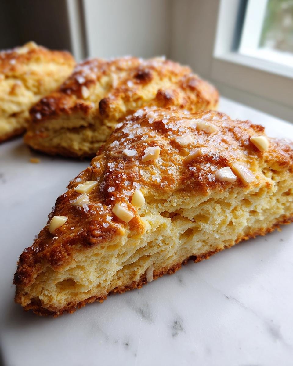 Nahaufnahme eines Anschnitts von Festive Peppermint White Chocolate Scones mit Zuckerkristallen.