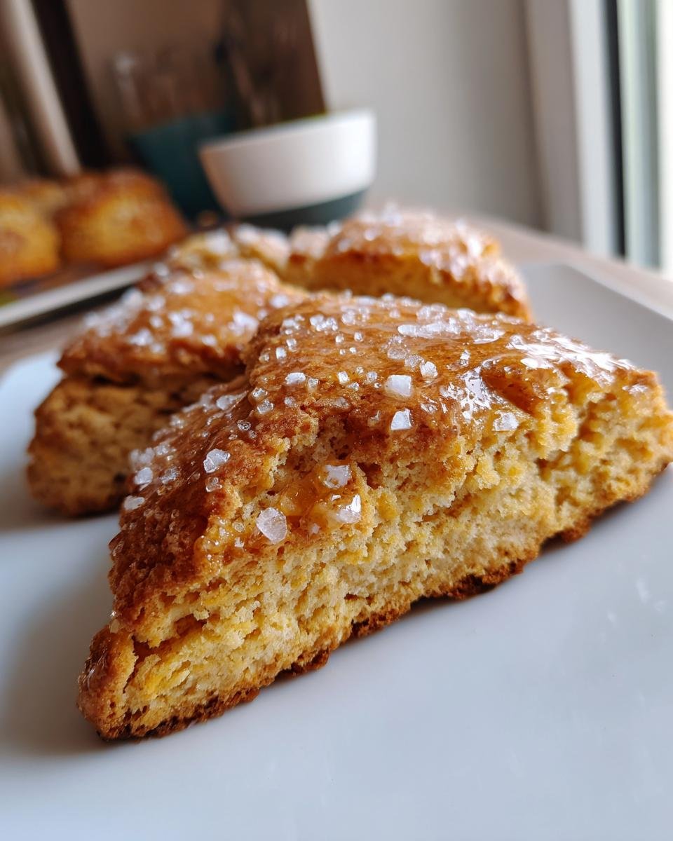 Nahaufnahme von dreieckigen Festive Peppermint White Chocolate Scones mit Zuckerkristallen auf einem wei&szlig;en Teller.